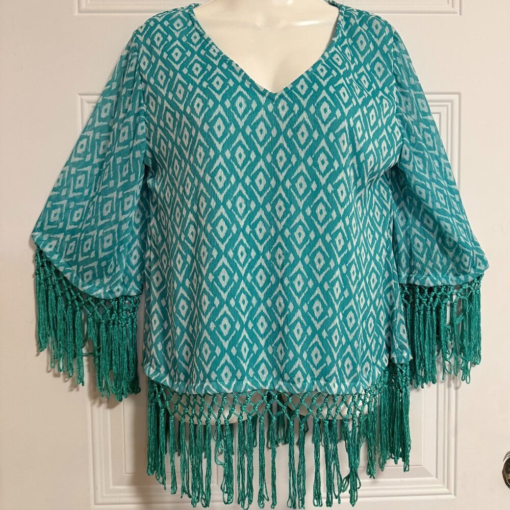 Rancho Estancia Blouse SZ Small Tunic Fringe Oversized‎ Western Country Club